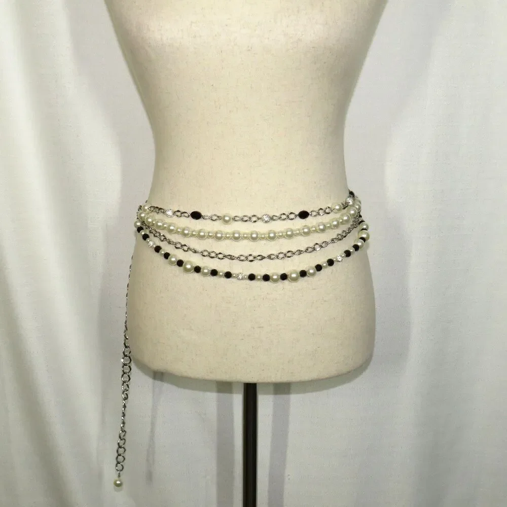 WHBM Faux Pearl CZ Layered Adjustable Chain Belt